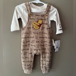 Disney Baby Tan Winnie the Pooh Overalls with Cream Long Sleeve Button Onesie